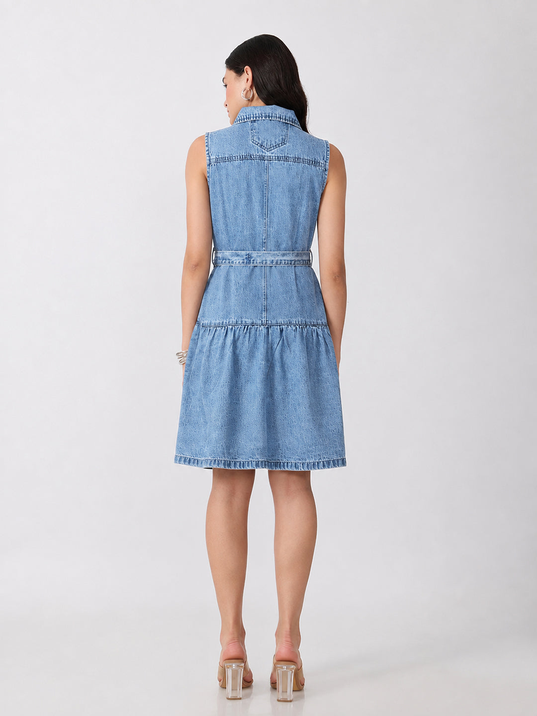 Women’s Blue Denim Sleeveless Belted Drop-Waist Mini Shirt Dress