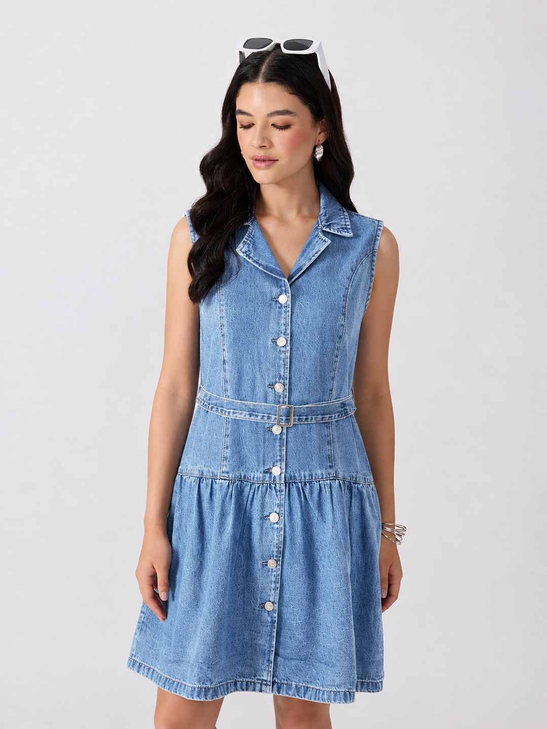 Women’s Blue Denim Sleeveless Belted Drop-Waist Mini Shirt Dress