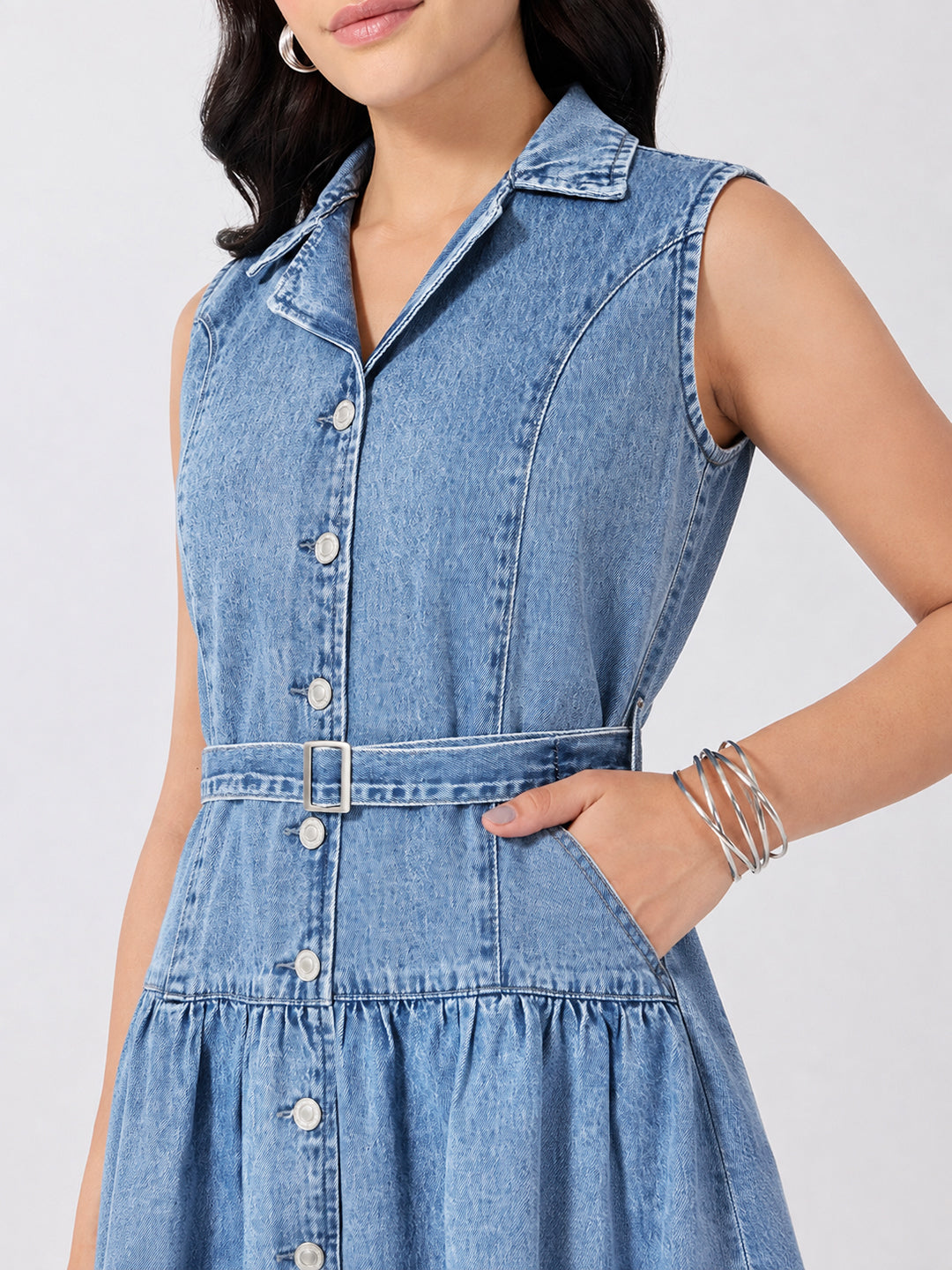 Women’s Blue Denim Sleeveless Belted Drop-Waist Mini Shirt Dress