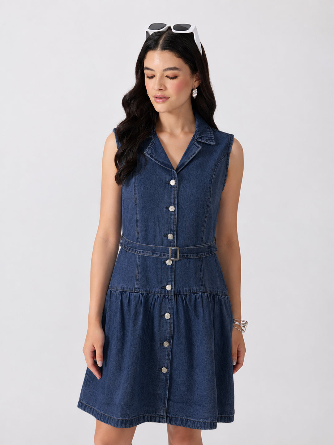 Women’s Dark Blue Denim Sleeveless Belted Drop-Waist Mini Shirt Dress