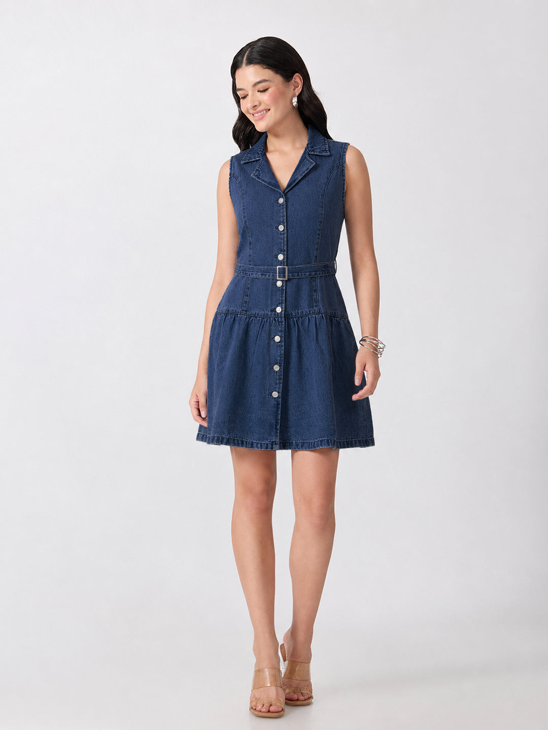 Women’s Dark Blue Denim Sleeveless Belted Drop-Waist Mini Shirt Dress