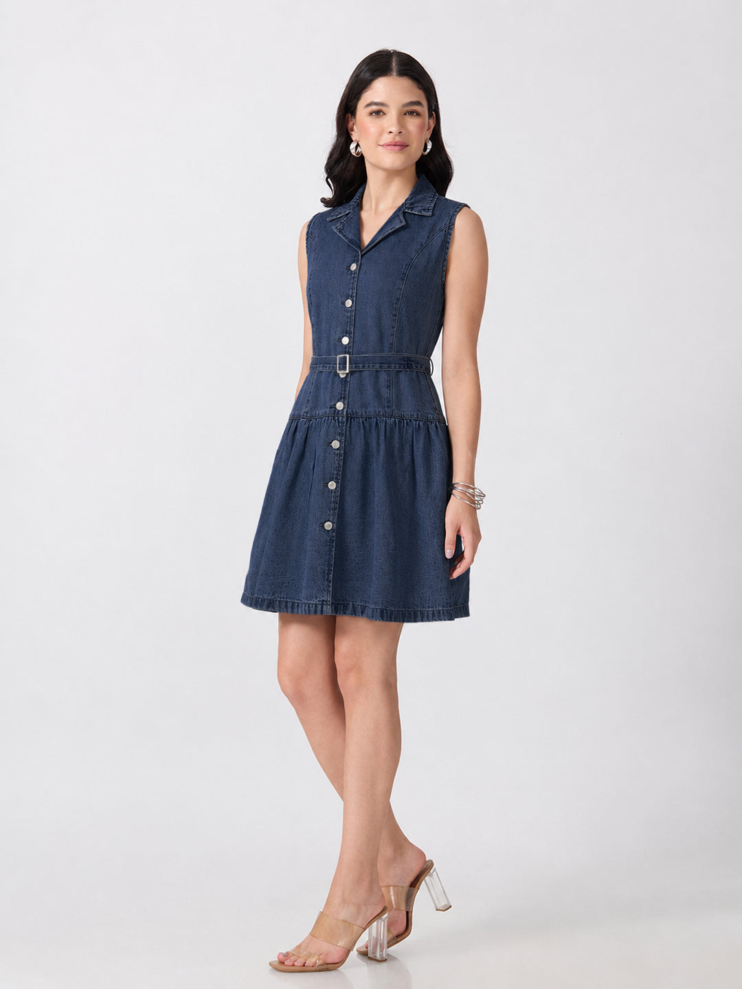 Women’s Dark Blue Denim Sleeveless Belted Drop-Waist Mini Shirt Dress