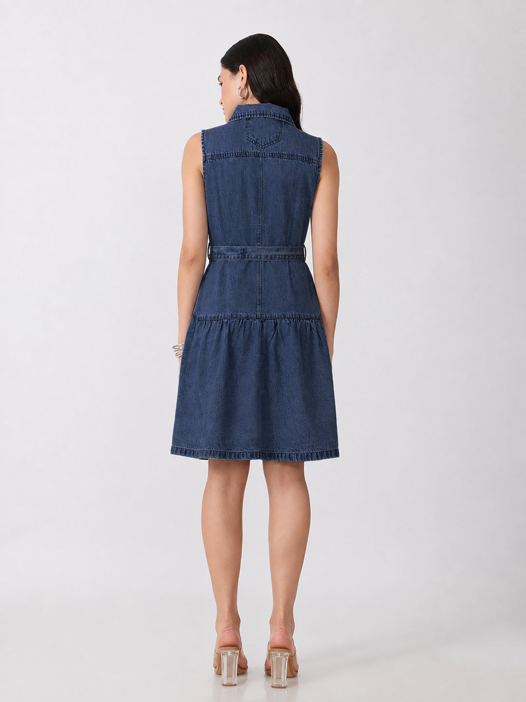 Women’s Dark Blue Denim Sleeveless Belted Drop-Waist Mini Shirt Dress