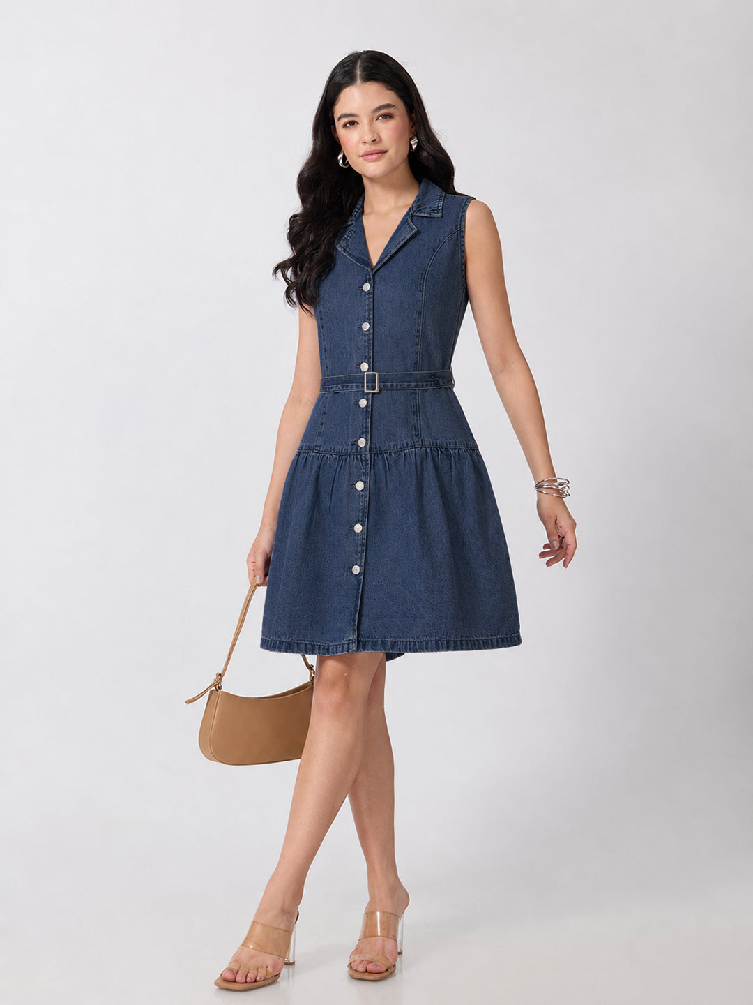 Women’s Dark Blue Denim Sleeveless Belted Drop-Waist Mini Shirt Dress