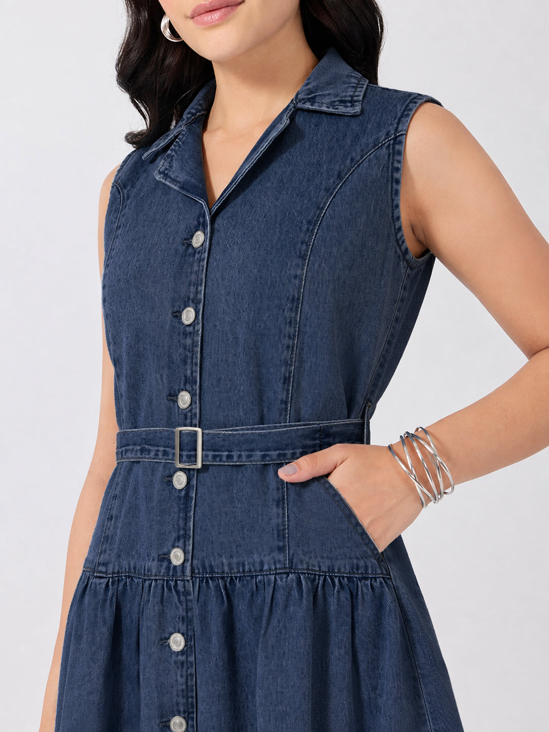Women’s Dark Blue Denim Sleeveless Belted Drop-Waist Mini Shirt Dress