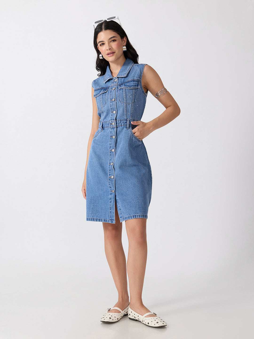 Women’s Blue Denim Sleeveless Mini Dress with Rhinestone Embellishments