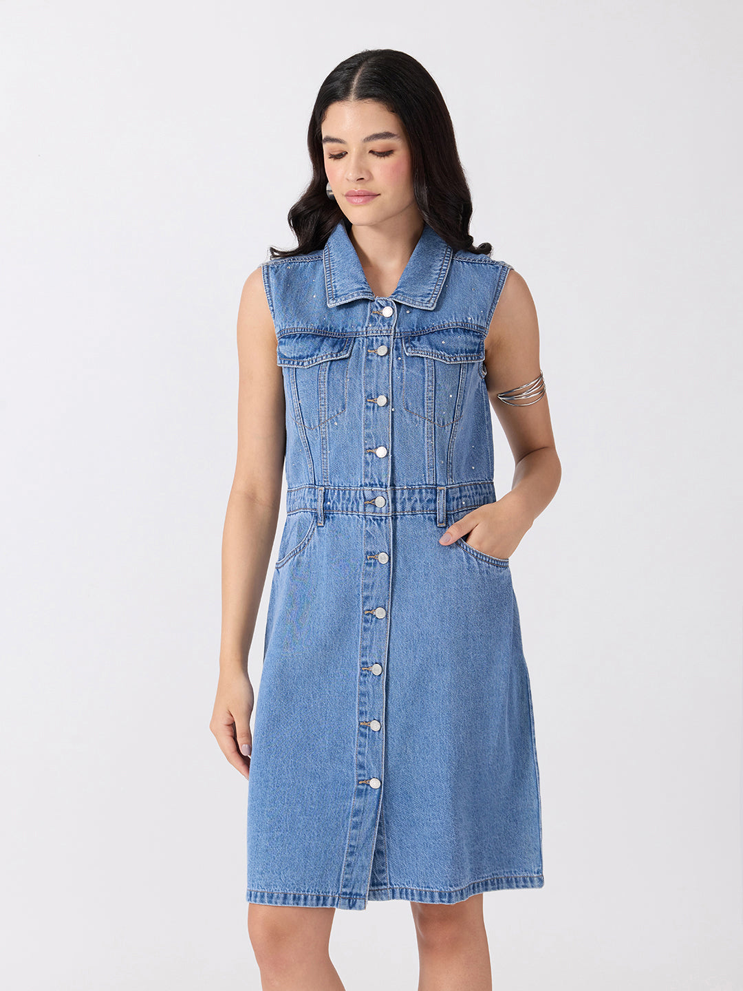 Women’s Blue Denim Sleeveless Mini Dress with Rhinestone Embellishments