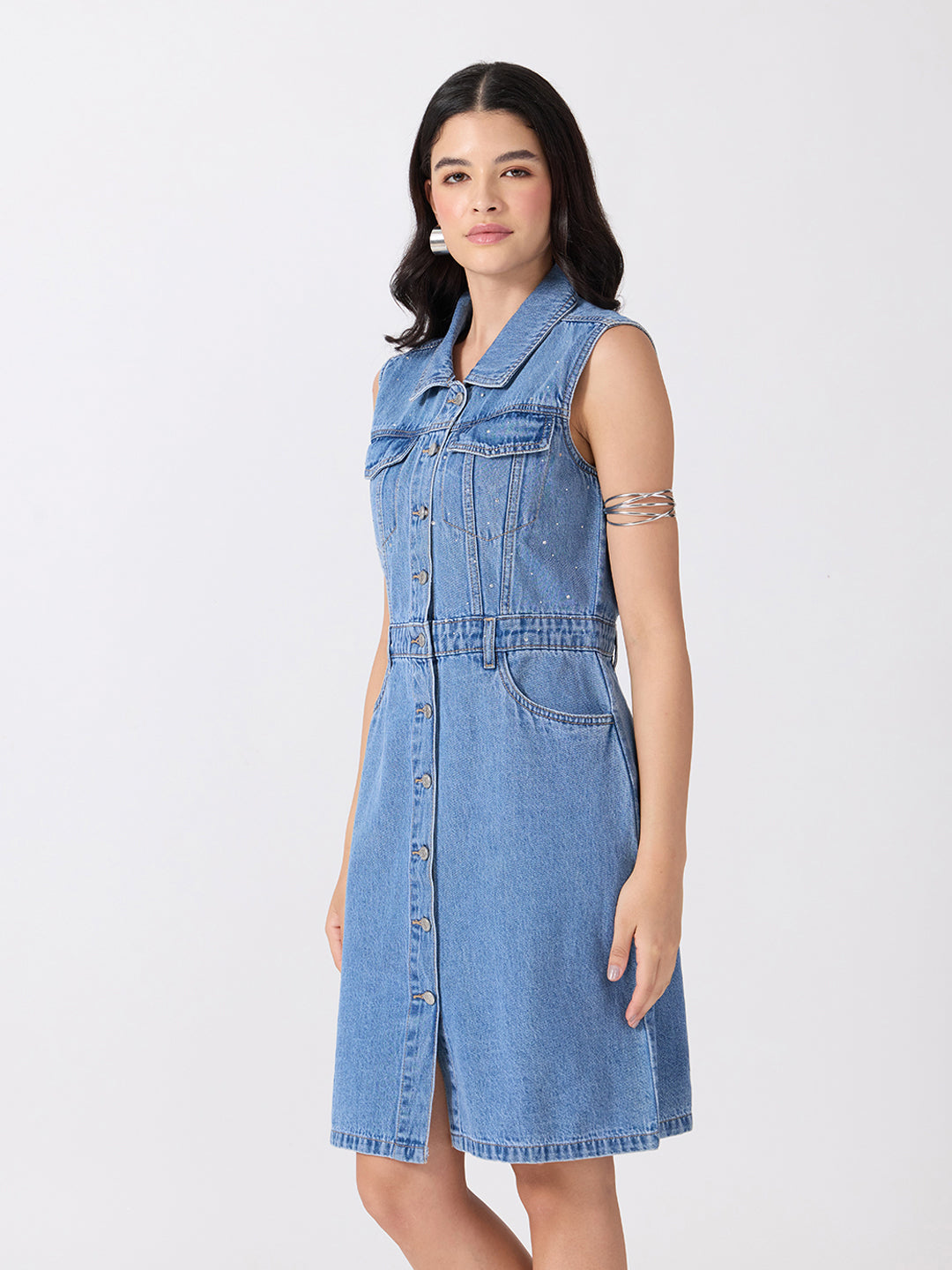 Women’s Blue Denim Sleeveless Mini Dress with Rhinestone Embellishments