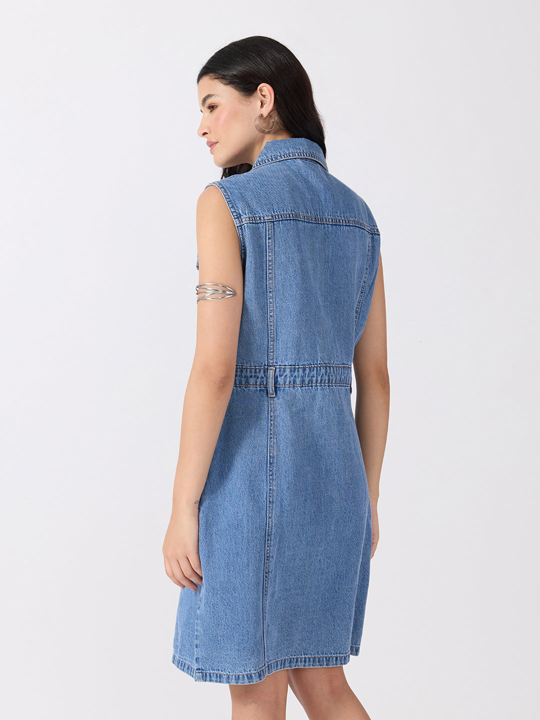 Women’s Blue Denim Sleeveless Mini Dress with Rhinestone Embellishments