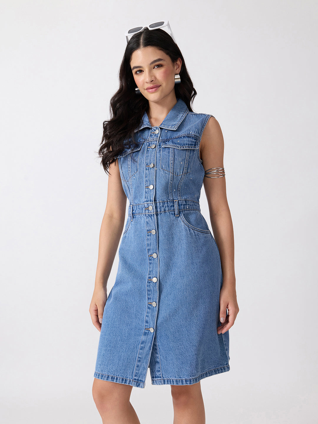 Women’s Blue Denim Sleeveless Mini Dress with Rhinestone Embellishments