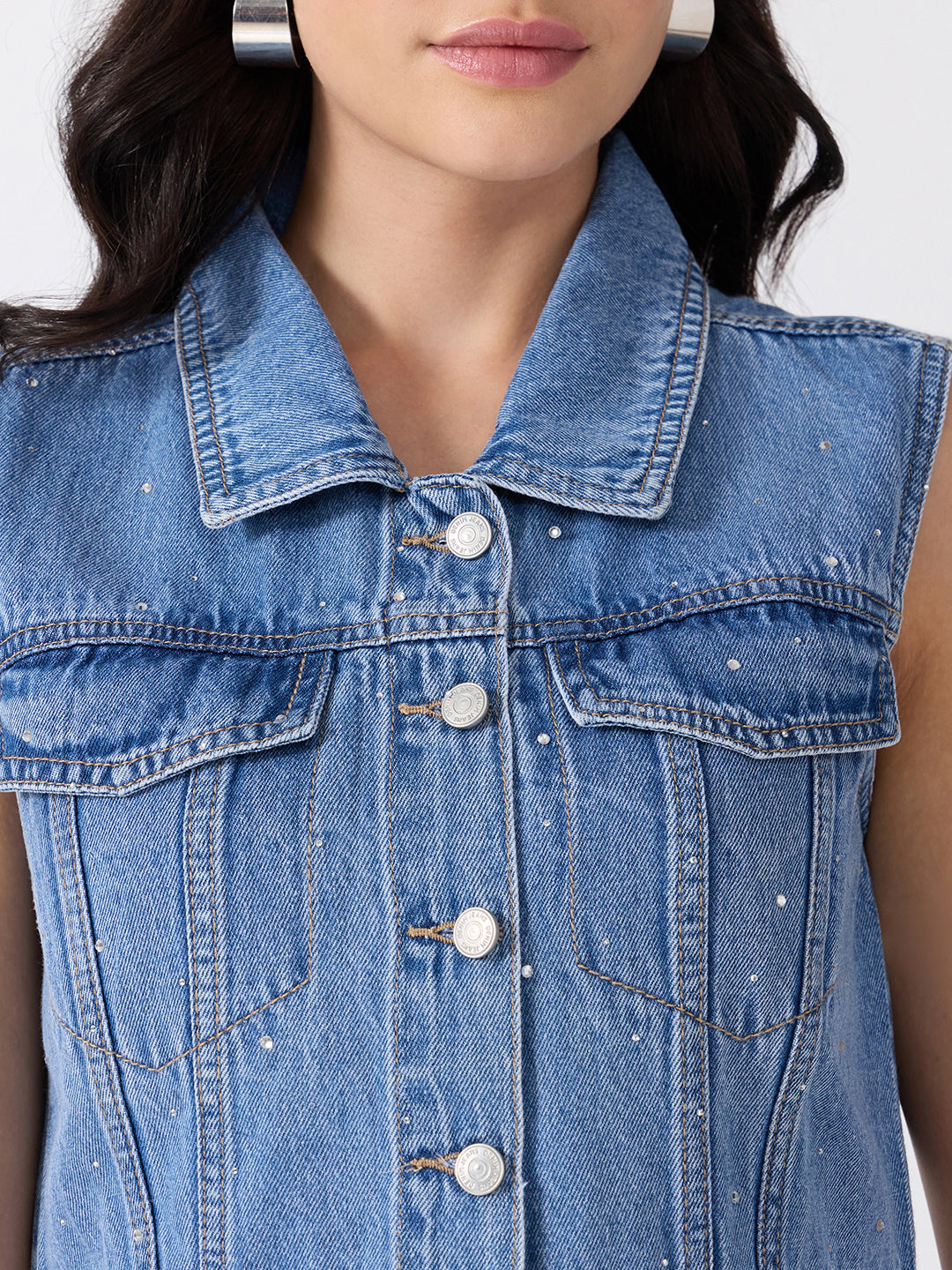 Women’s Blue Denim Sleeveless Mini Dress with Rhinestone Embellishments