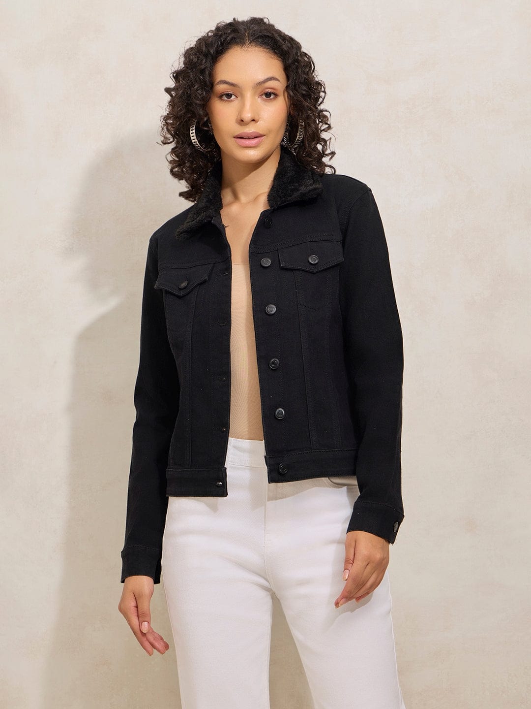 Women's Black Denim Jacket with Faux Fur Collar