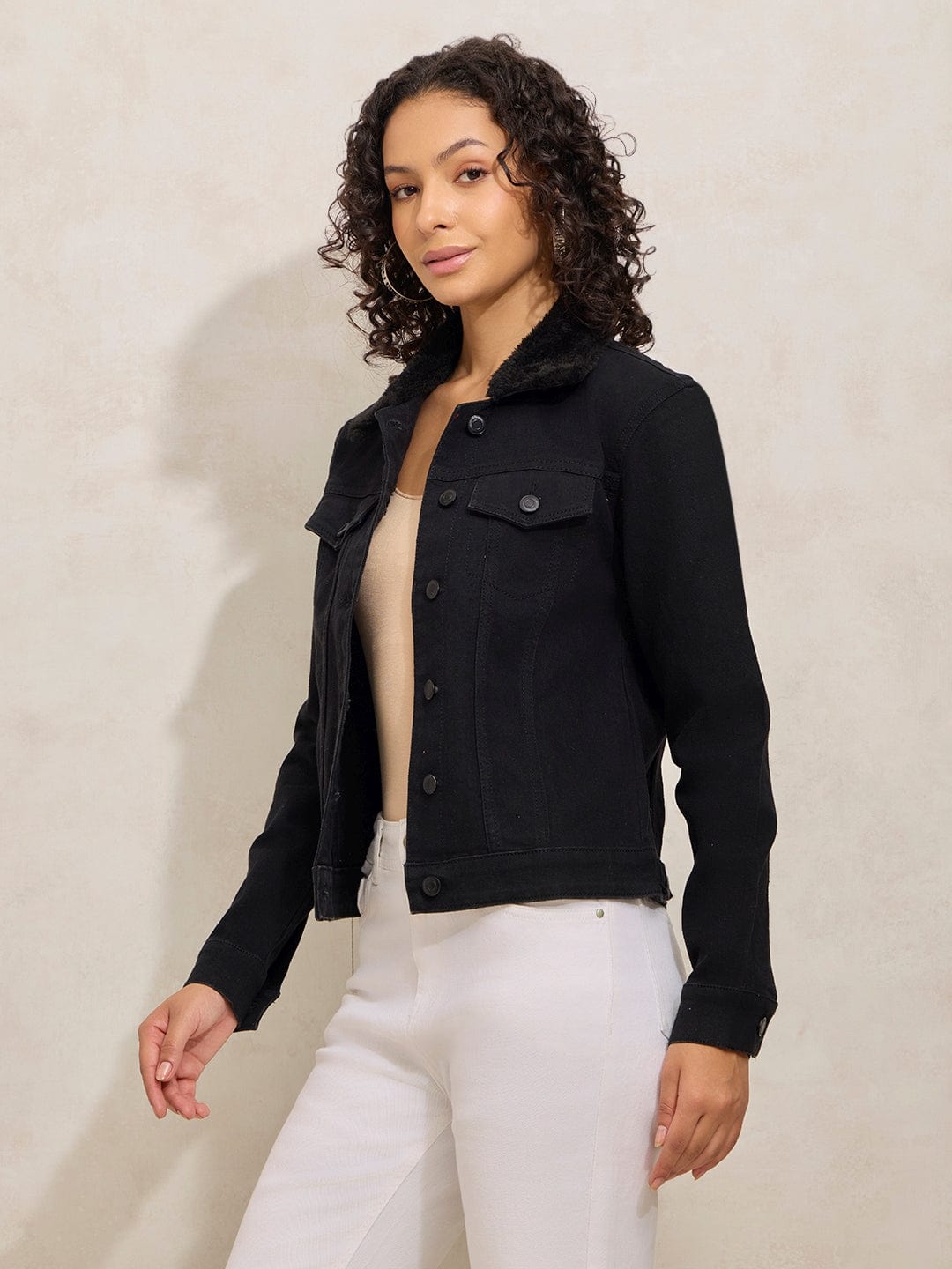 Women's Black Denim Jacket with Faux Fur Collar