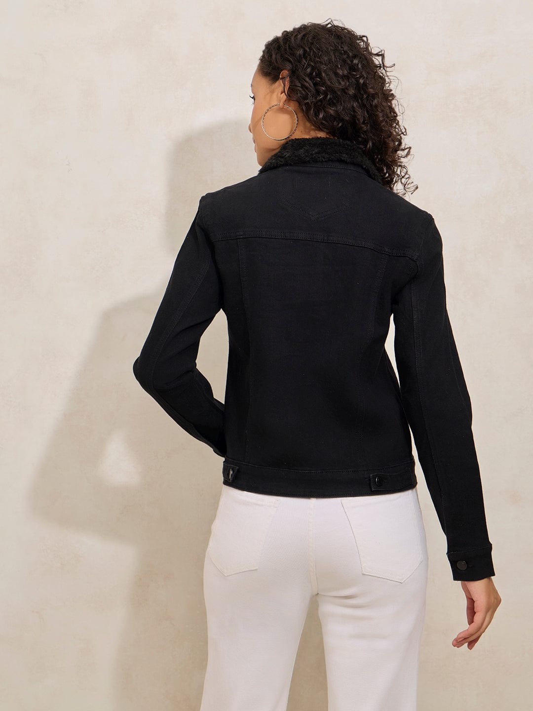 Women's Black Denim Jacket with Faux Fur Collar