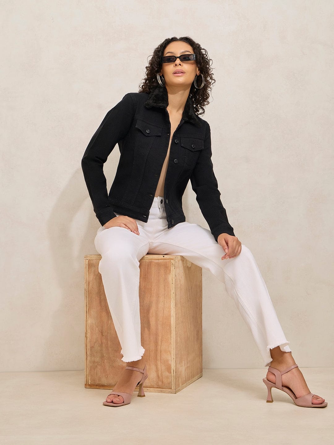 Women's Black Denim Jacket with Faux Fur Collar