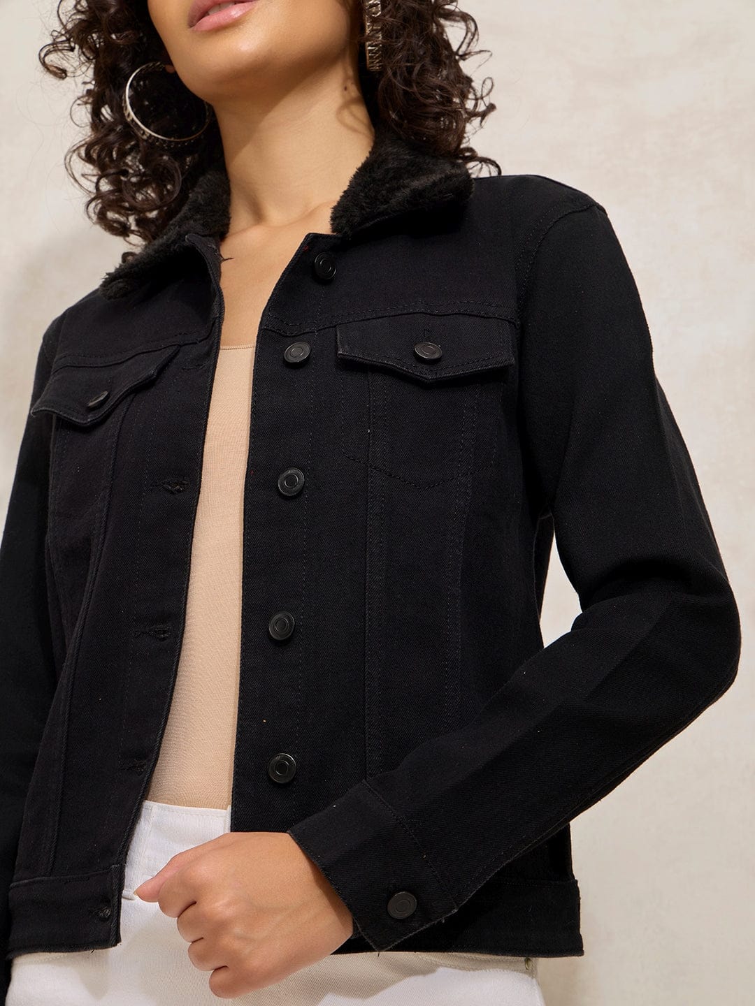 Women's Black Denim Jacket with Faux Fur Collar