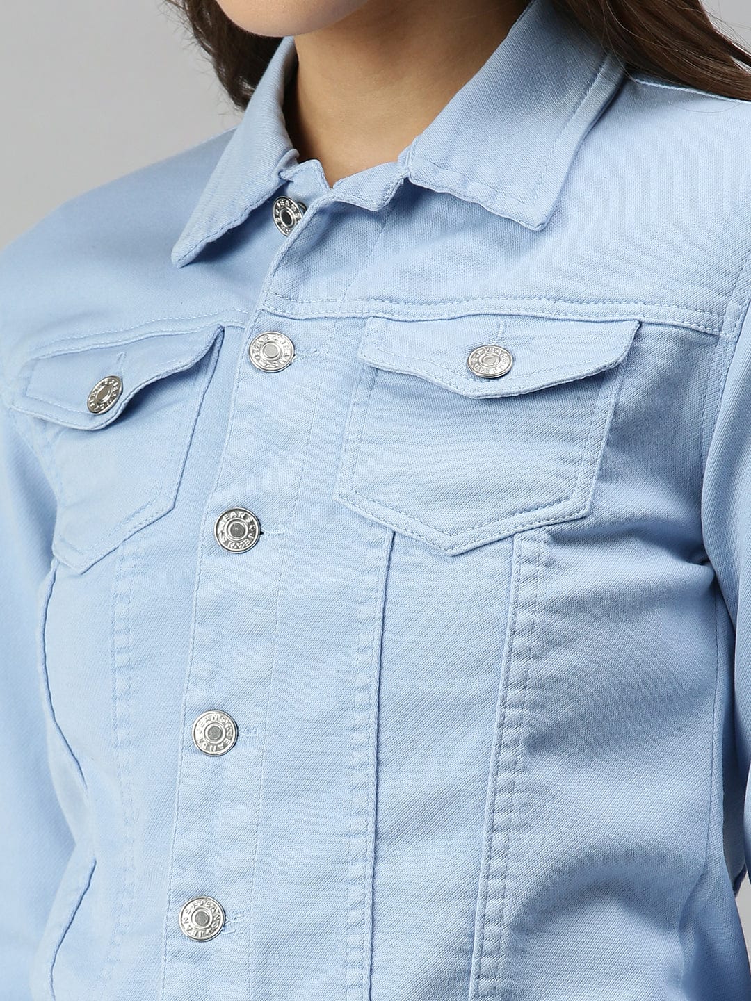 Women's Spread Collar Long Sleeves Blue Denim Jacket