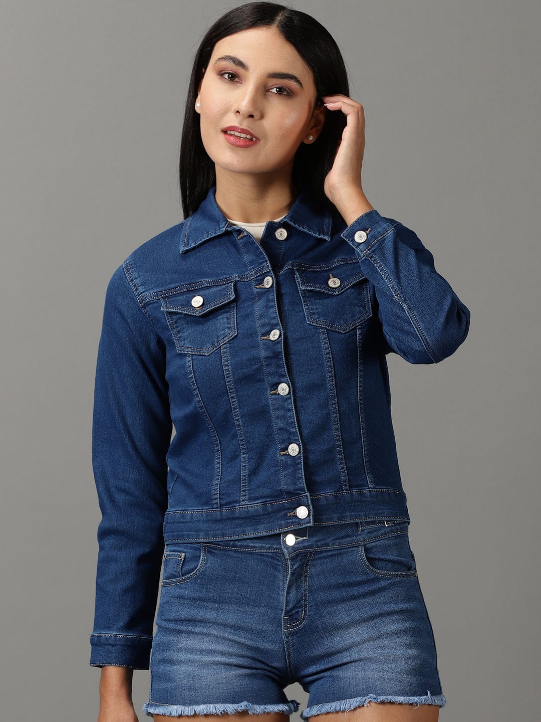 Women's Navy Blue Spread Collar Regular Denim Jacket