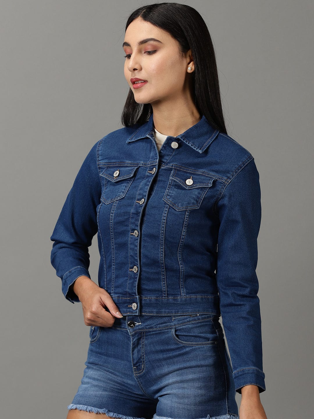 Women's Navy Blue Spread Collar Regular Denim Jacket