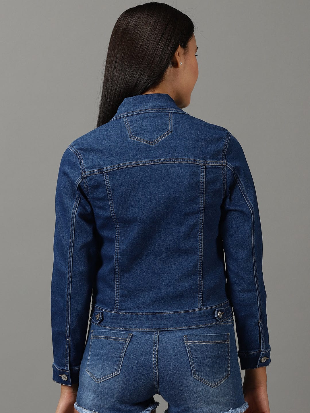 Women's Navy Blue Spread Collar Regular Denim Jacket