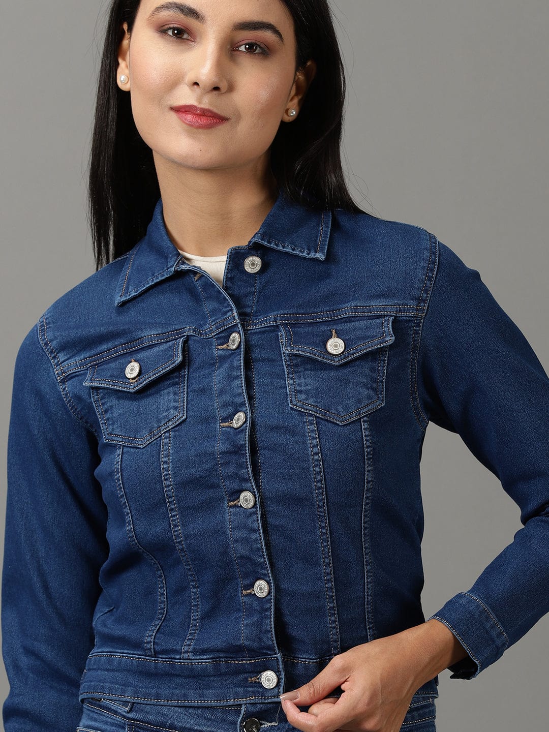 Women's Navy Blue Spread Collar Regular Denim Jacket