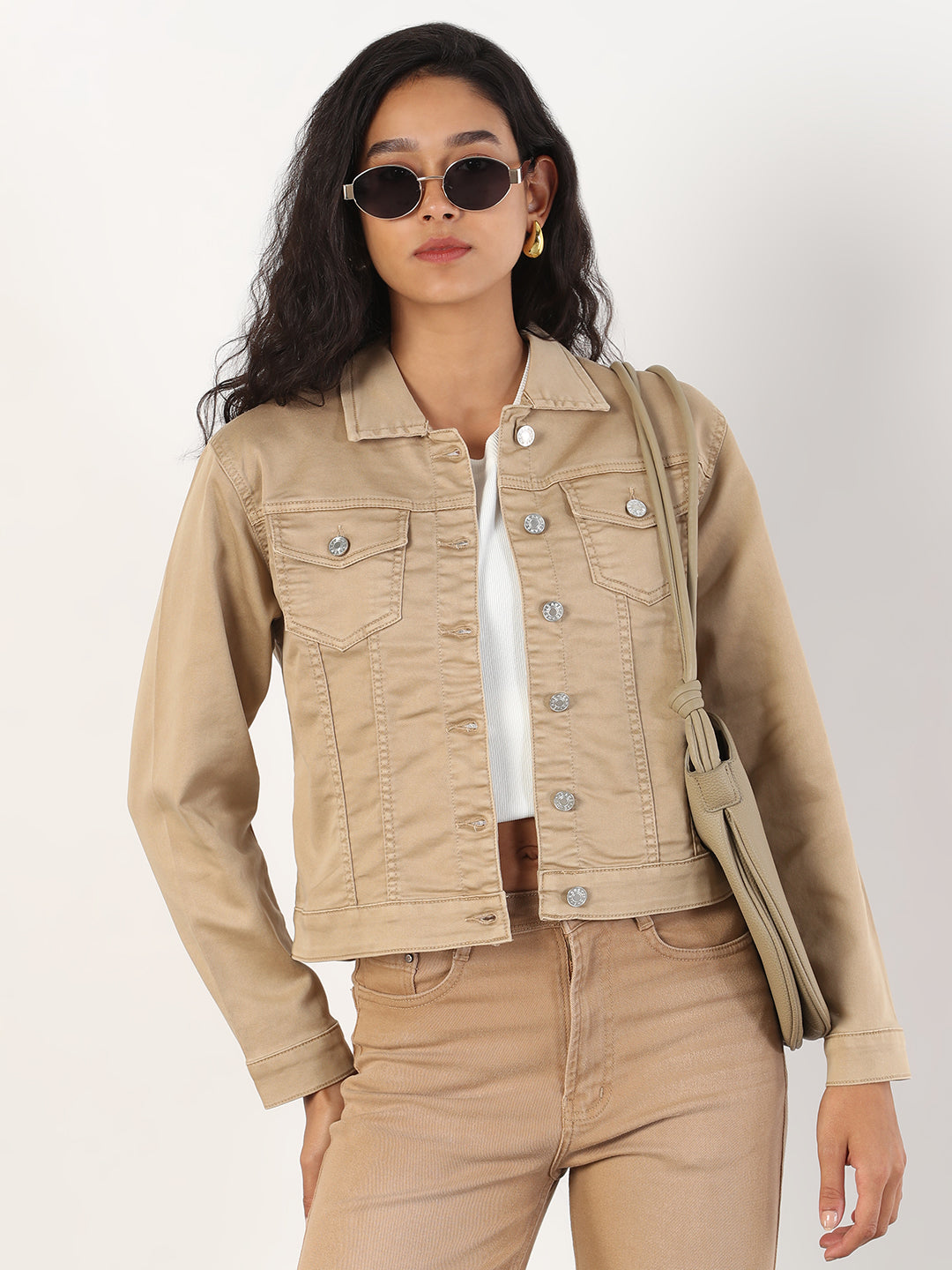 Women Spread Collar Khaki Solid Denim Jacket