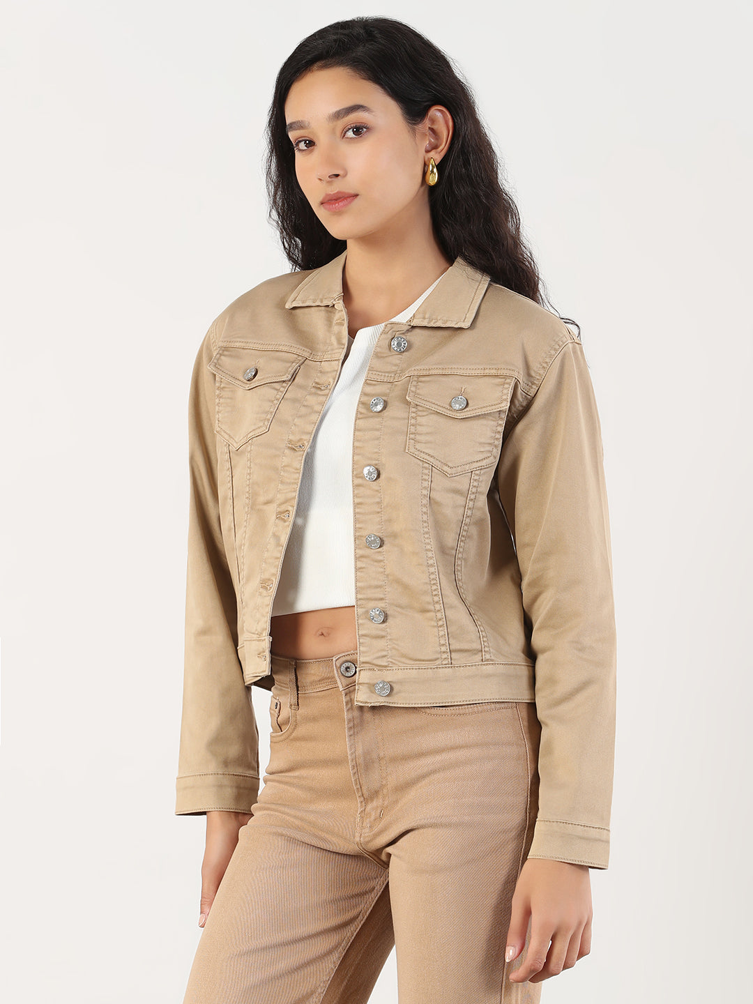 Women Spread Collar Khaki Solid Denim Jacket