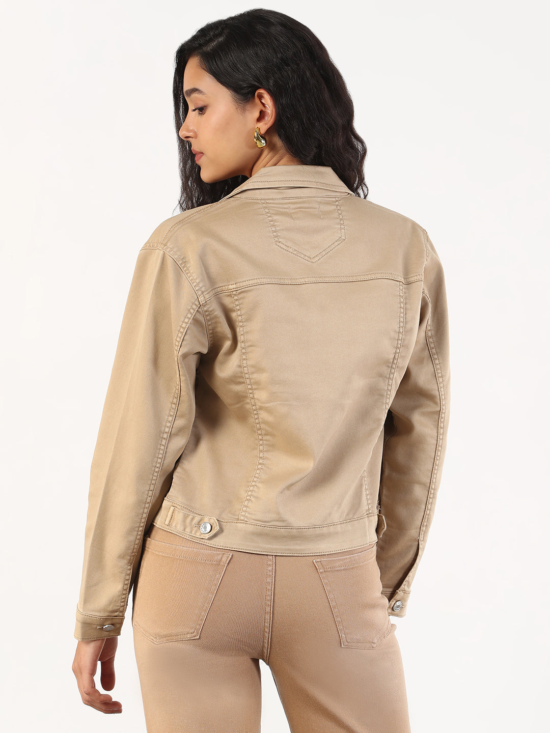 Women Spread Collar Khaki Solid Denim Jacket