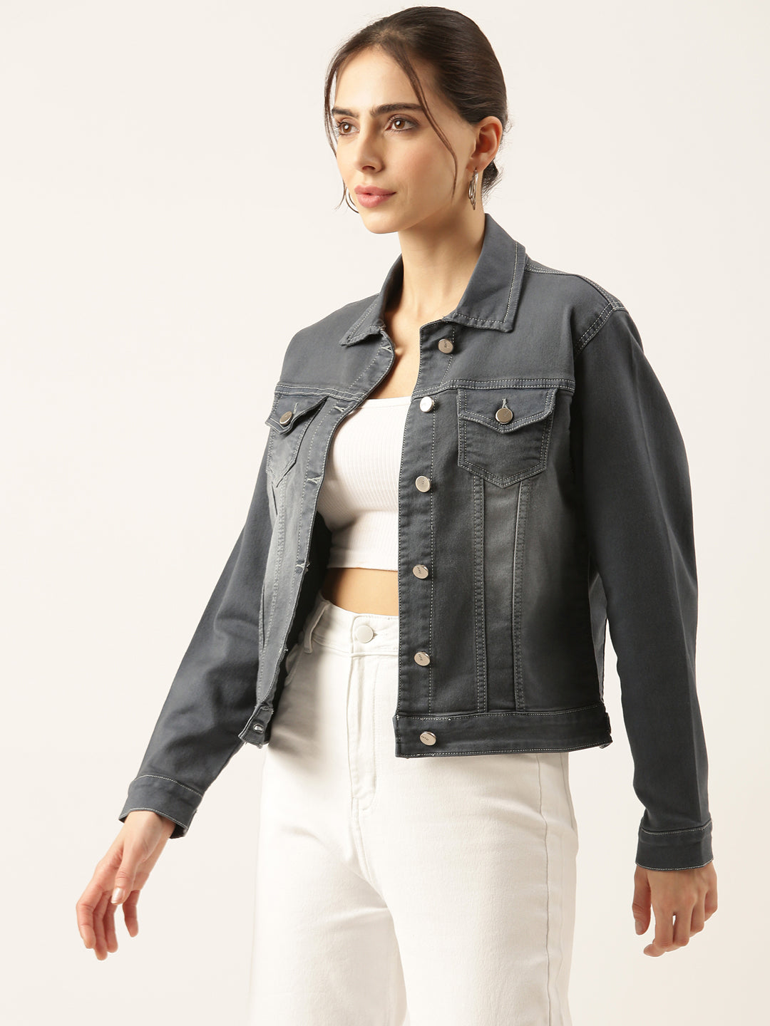 Women Solid Grey Denim Jacket