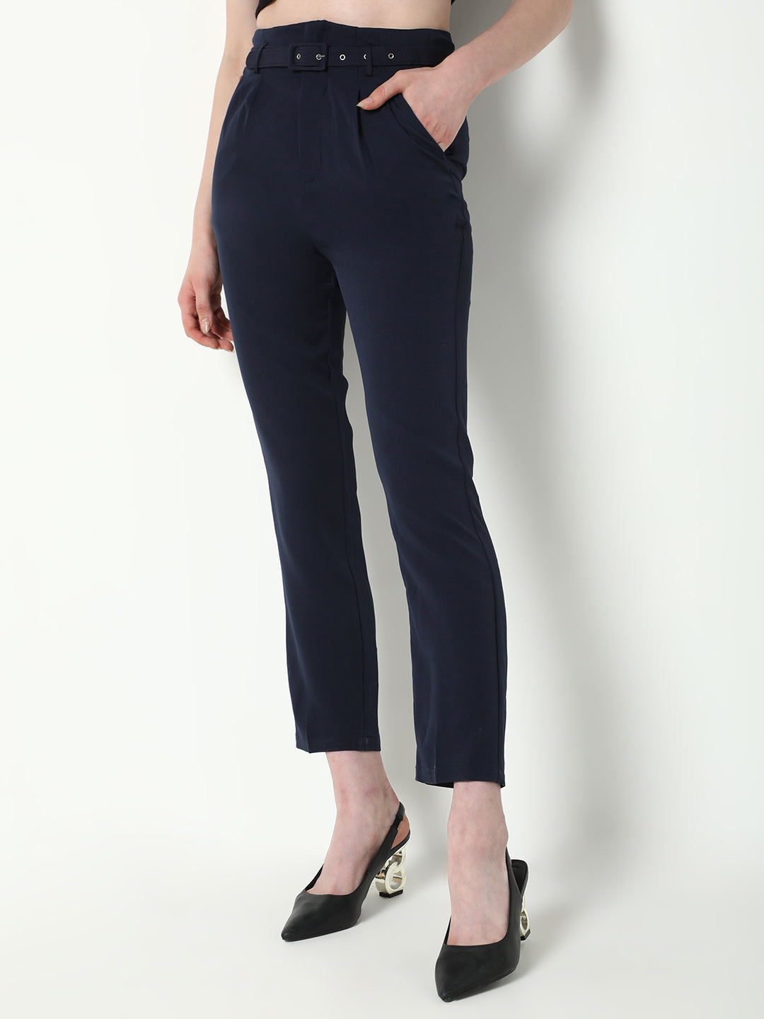 Women Navy Blue Solid Formal Trousers with Belt