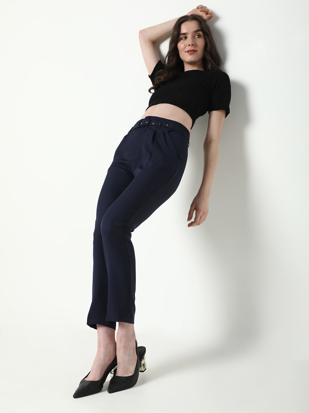 Women Navy Blue Solid Formal Trousers with Belt