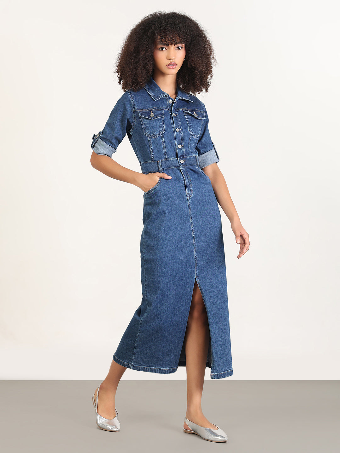Women's Navy Blue Denim Midi Dress with Front Slit