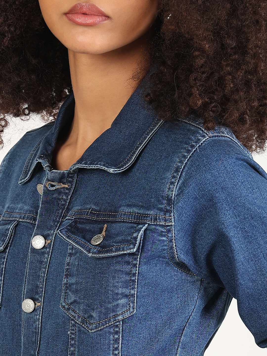 Women's Navy Blue Denim Midi Dress with Front Slit