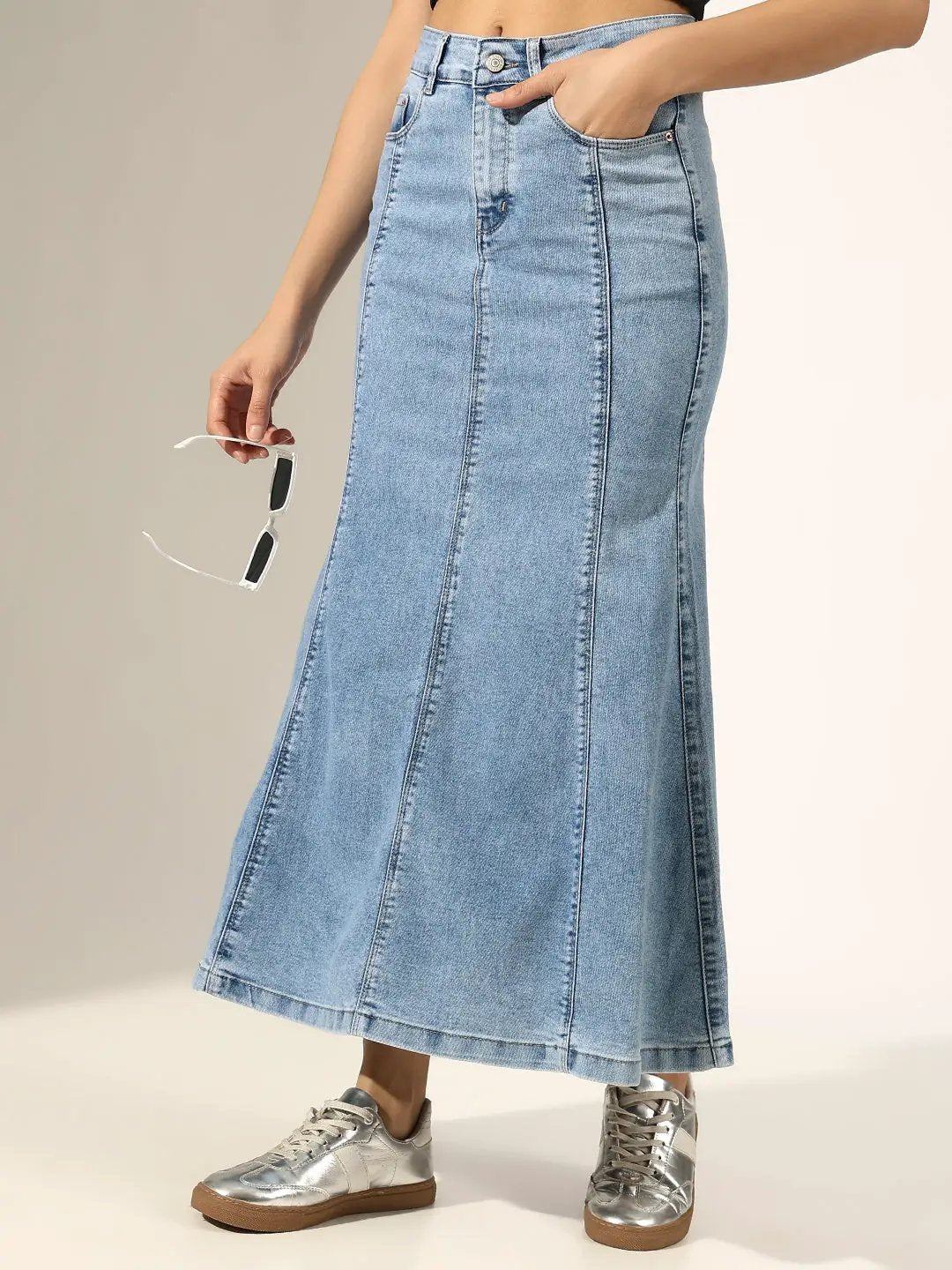 Shop Women's Panelled Blue Denim Flared Skirt | Showoffff