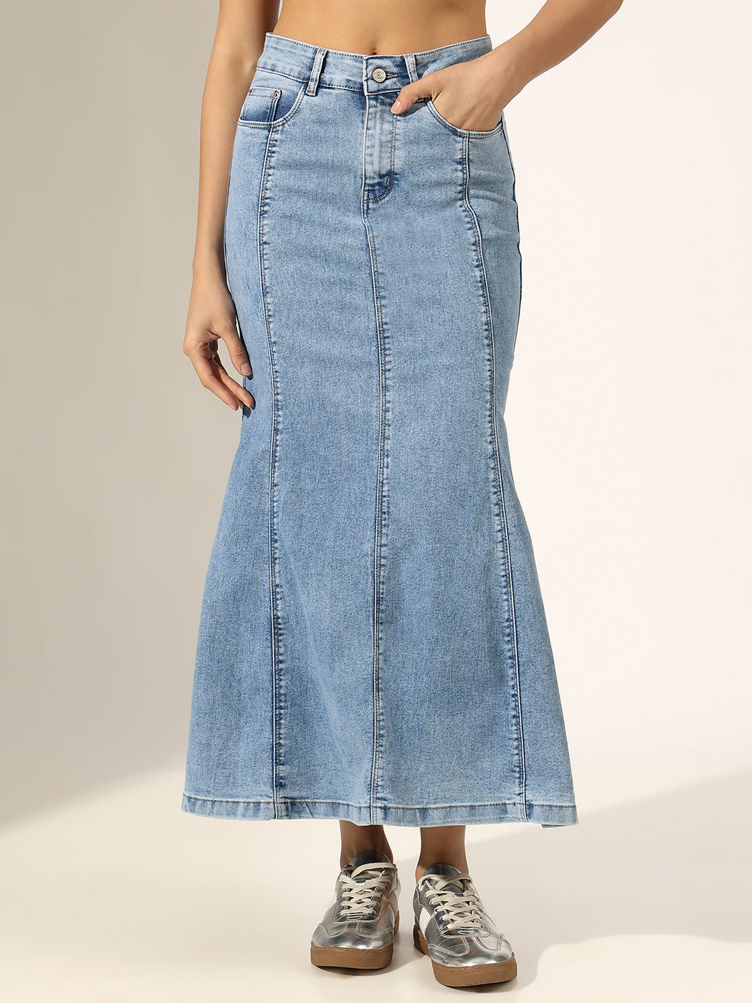 Women's Panelled Blue Denim Flared Skirt