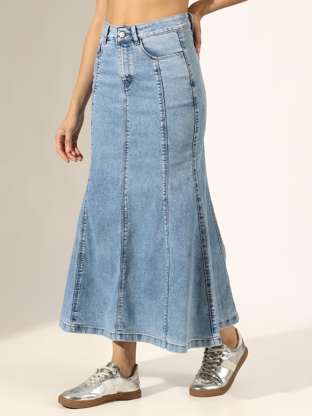 Women's Panelled Blue Denim Flared Skirt
