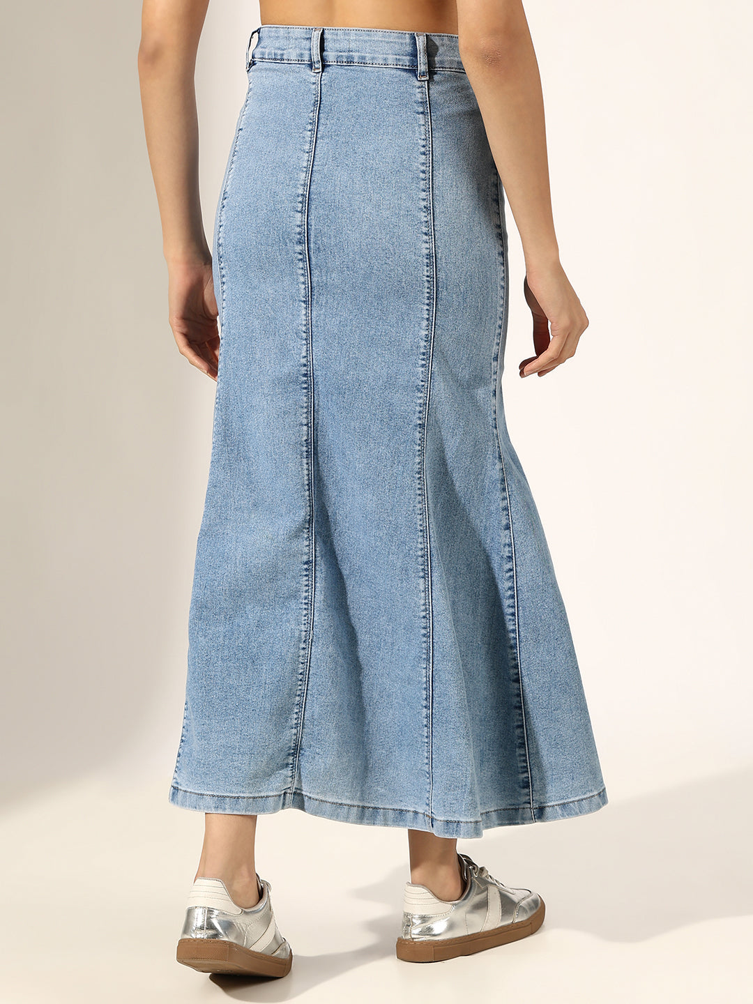 Women's Panelled Blue Denim Flared Skirt