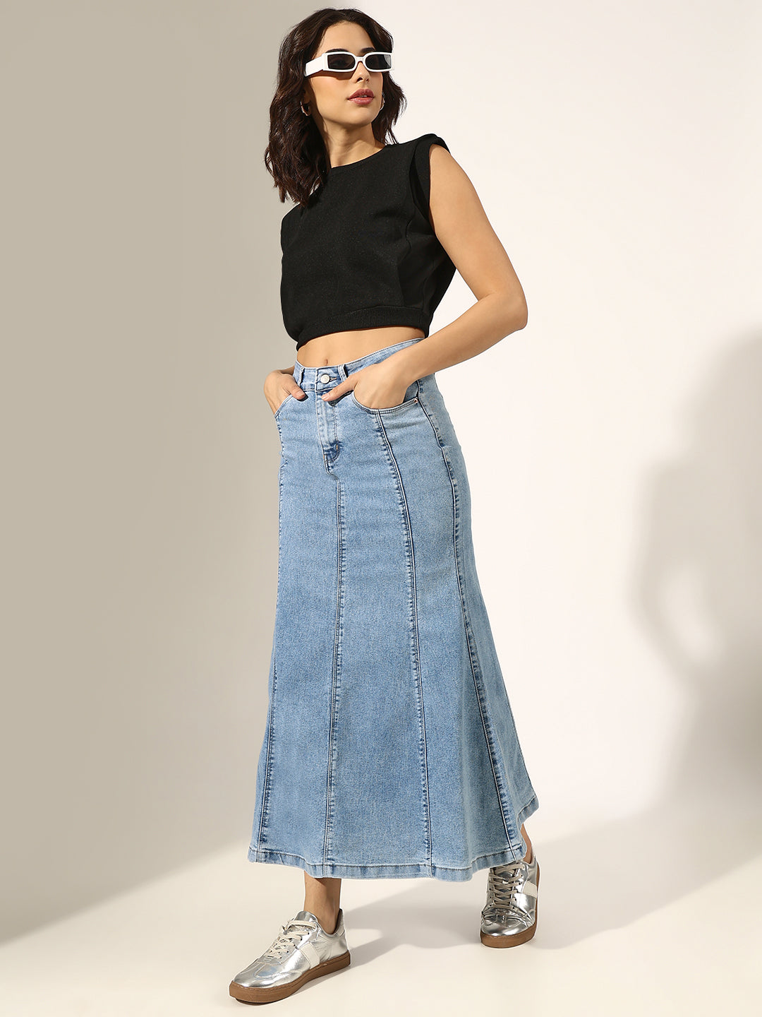 Women's Panelled Blue Denim Flared Skirt