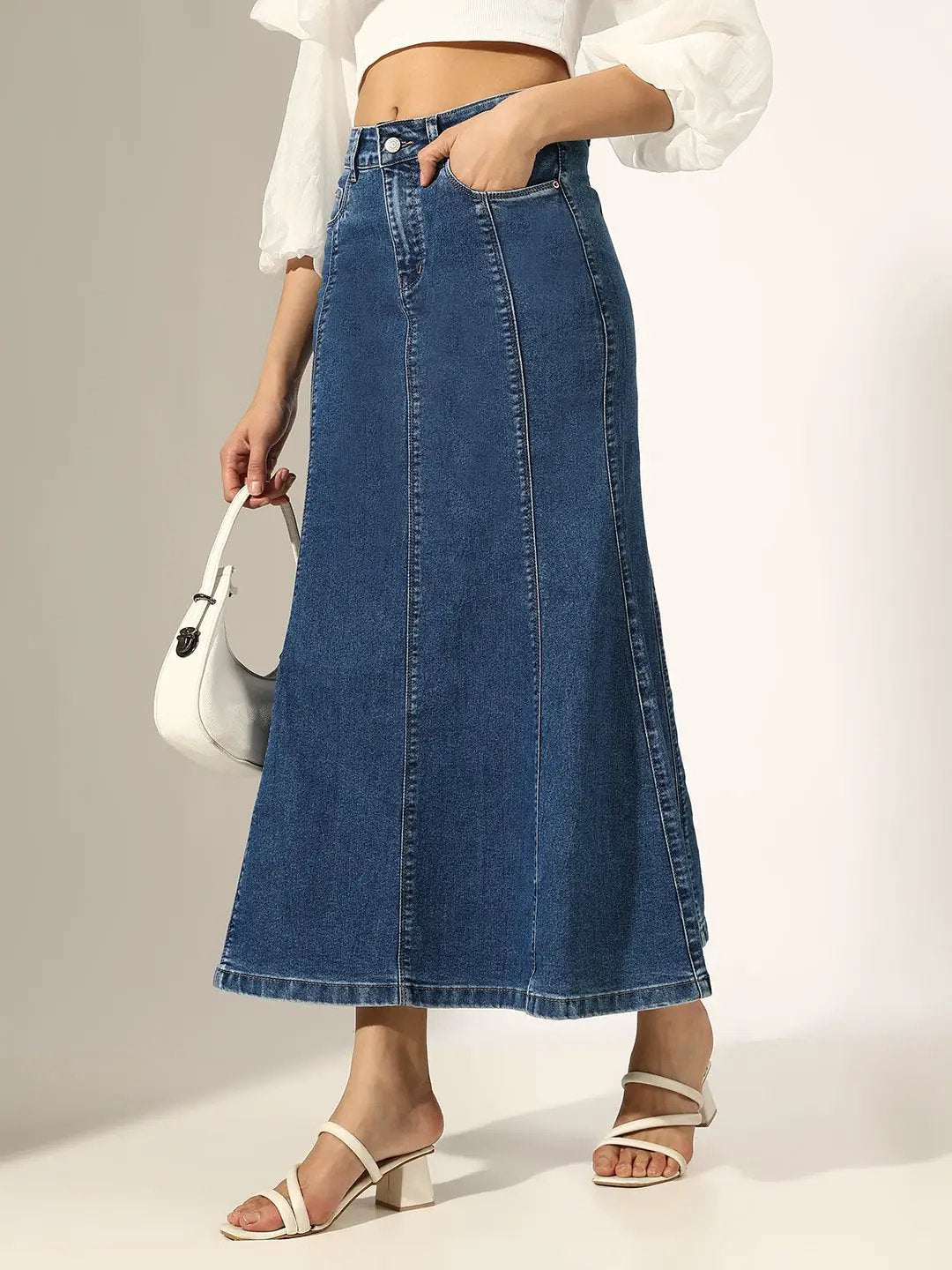 Shop Women's Panelled Navy Blue Denim Flared Skirt | Showoffff
