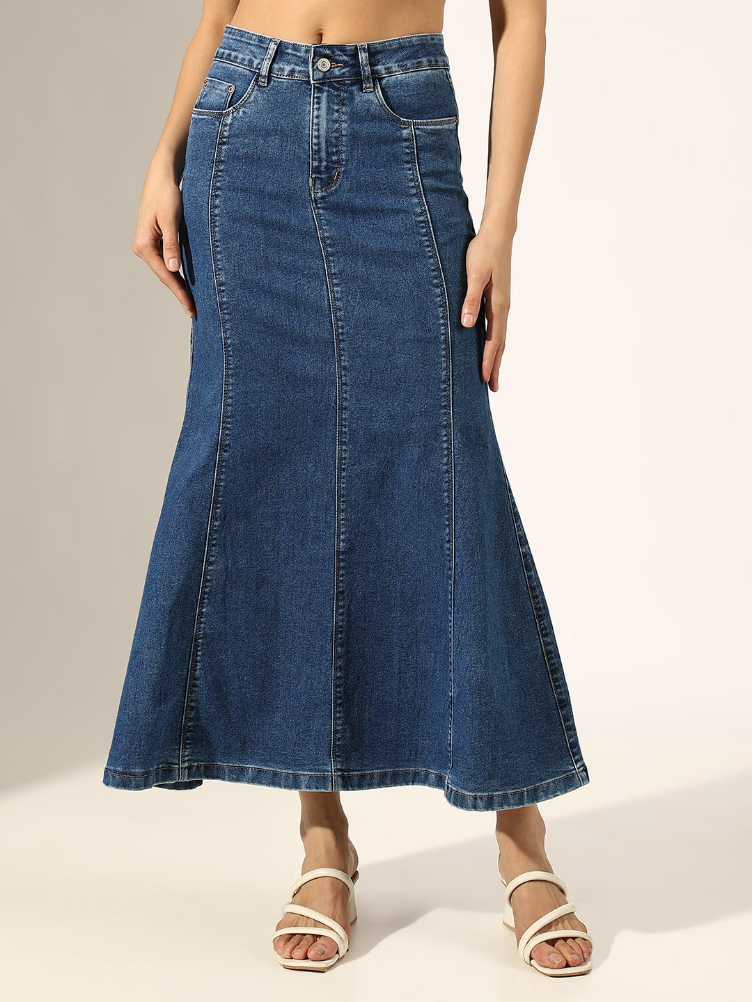 Women's Panelled Navy Blue Denim Flared Skirt