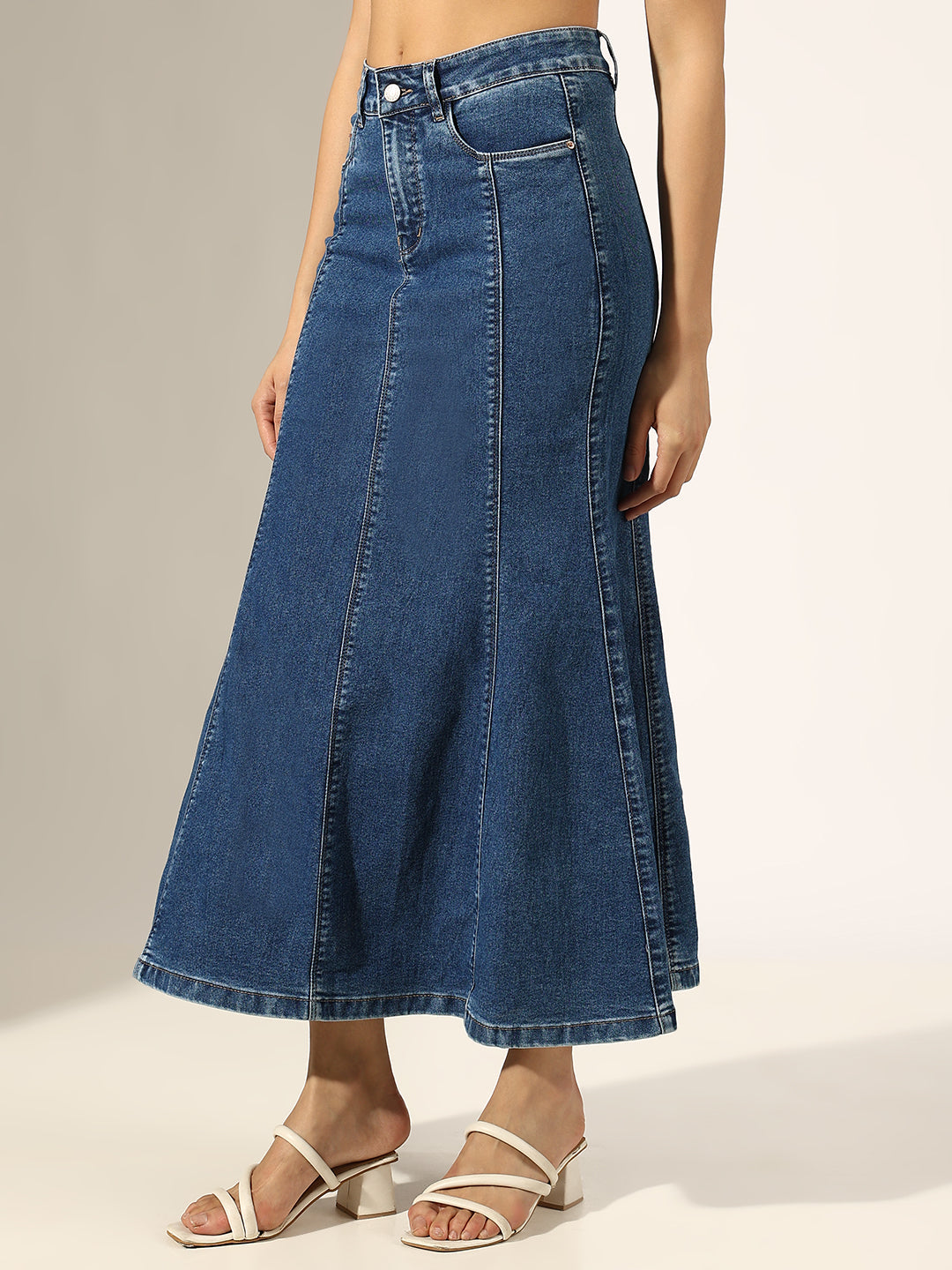 Women's Panelled Navy Blue Denim Flared Skirt