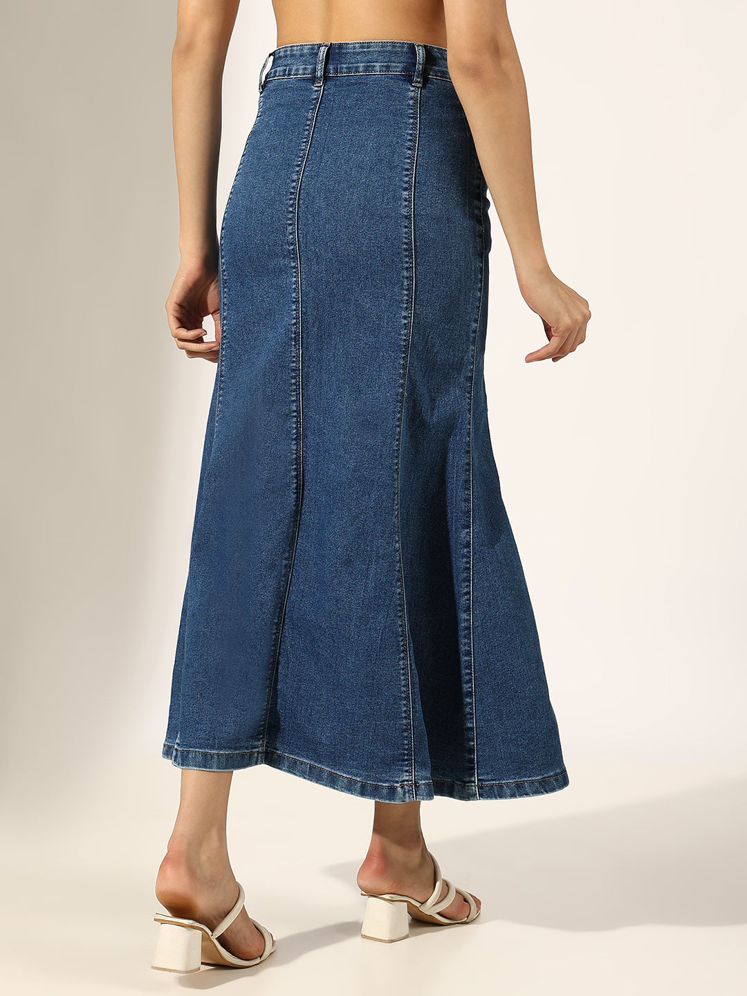 Women's Panelled Navy Blue Denim Flared Skirt
