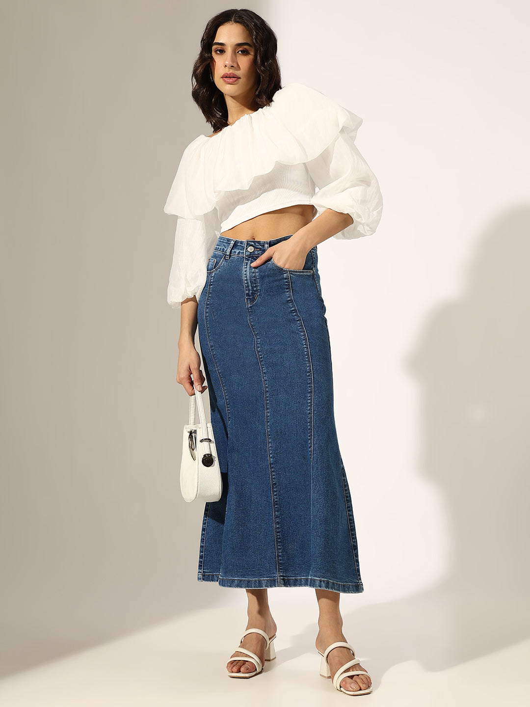 Women's Panelled Navy Blue Denim Flared Skirt