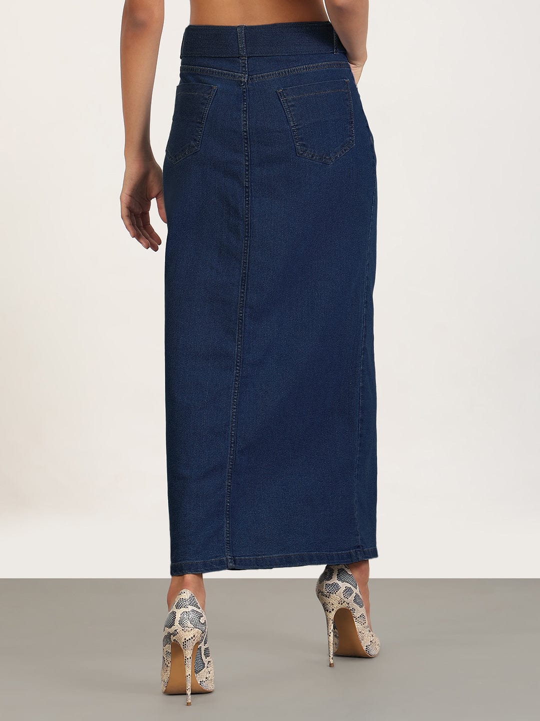 Women's Navy Blue Maxi Denim Skirt with Front Slit and Belt