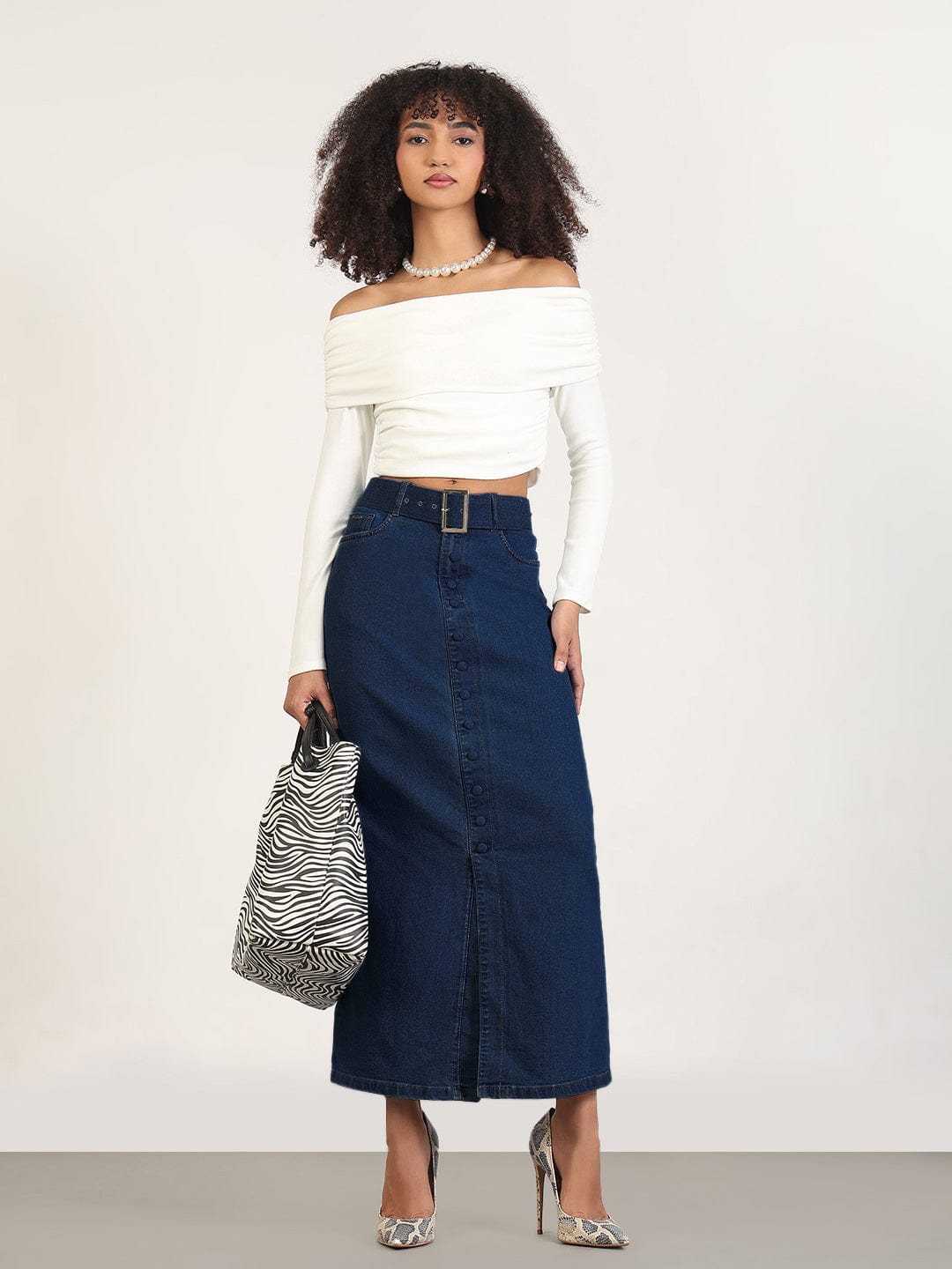 Women's Navy Blue Maxi Denim Skirt with Front Slit and Belt