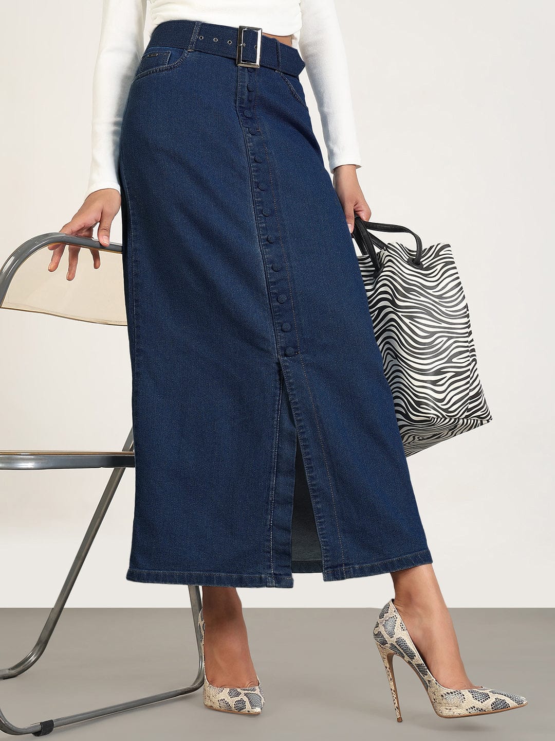 Women's Navy Blue Maxi Denim Skirt with Front Slit and Belt