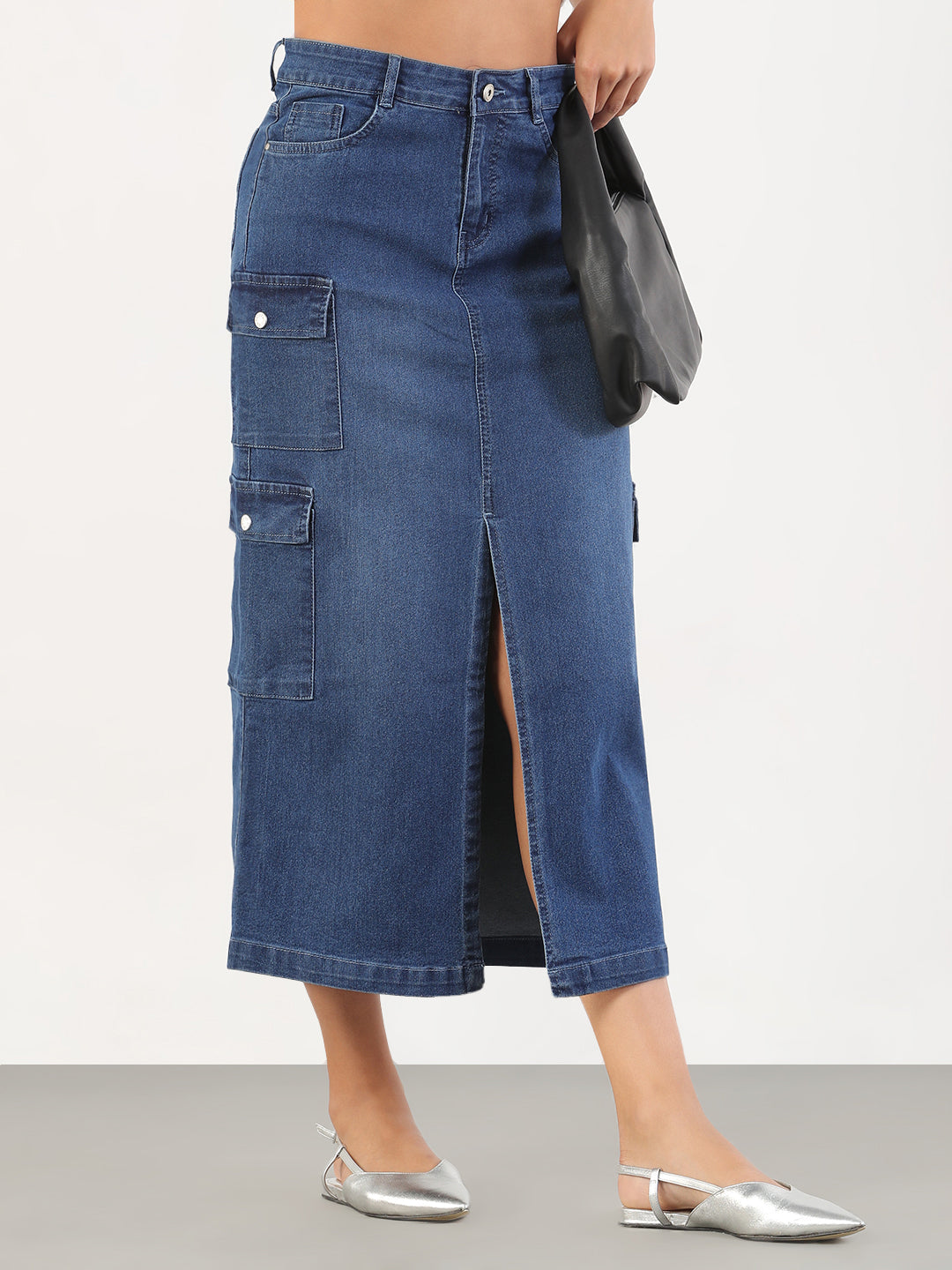 Women Solid Pencil Fit Front Slit Midi Blue Denim Skirt