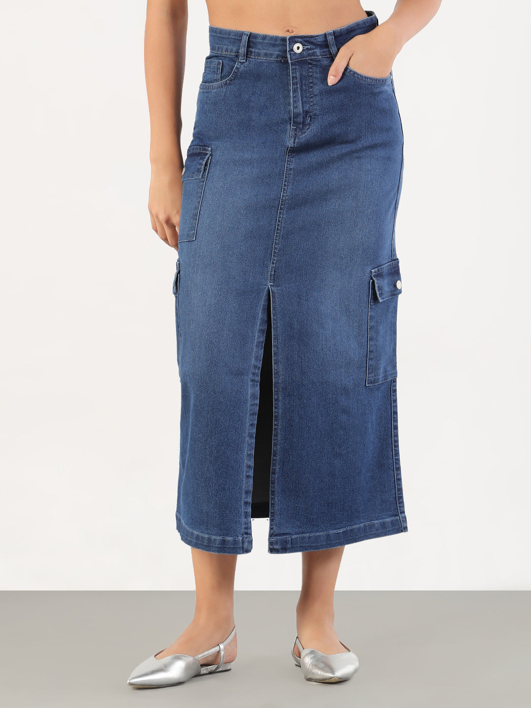 Women Solid Pencil Fit Front Slit Midi Blue Denim Skirt