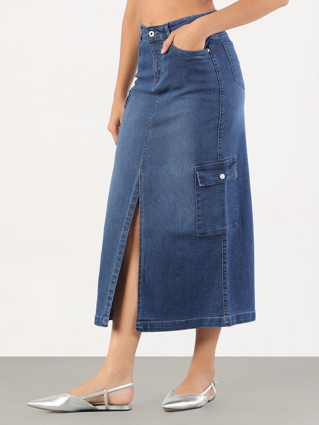 Women Solid Pencil Fit Front Slit Midi Blue Denim Skirt