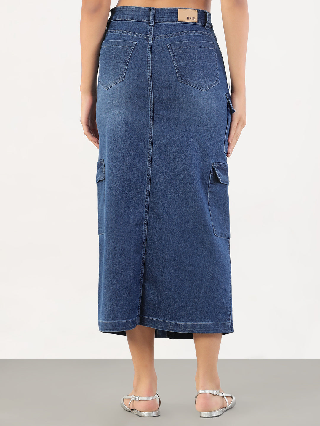 Women Solid Pencil Fit Front Slit Midi Blue Denim Skirt